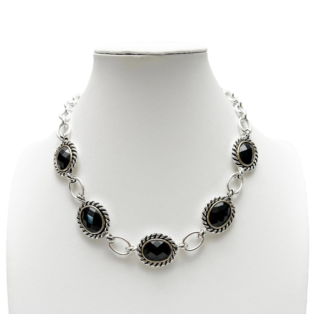 Dillards Silvertone Black Crystal Cable Rope Link Chain Collar Necklace NEW